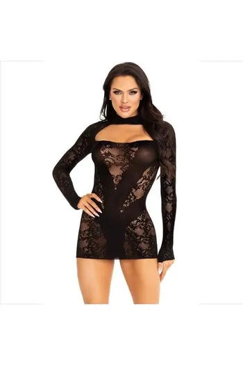 LEG AVENUE - MINI ABITO CON PIZZO MANICA LUNGA NERO