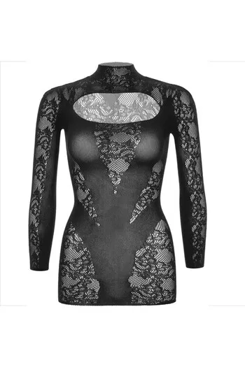 LEG AVENUE - MINI ABITO CON PIZZO MANICA LUNGA NERO