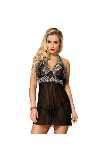 Babydoll elegante in nero con ricami floreali