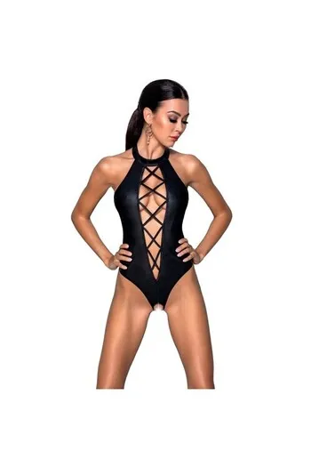 Teddy Nancy: Lingerie Sensuale in Pelle Nera con Scollo Profondo | Passion