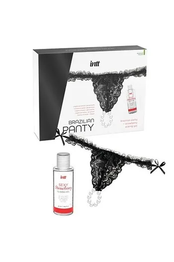 INTT Brazilian Panty Black: Sensual Lingerie with Pearls & Strawberry Gel