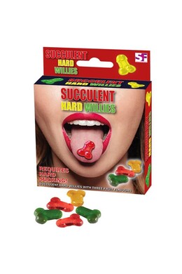 Penis-shaped hard candies with three fruit flavors
