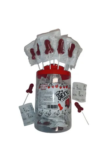 Display Jar with 50 Penis-Shaped Lollipops in Strawberry and Cherry Flavor - Diablo Picante