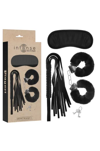 INTENSE FETISH Erotic Set: Vegan Leather Cuffs, Blindfold & Whip