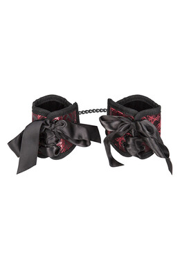 Scandal Corset Cuffs: Red & Black Brocade Restraints for Sensual Bondage Play