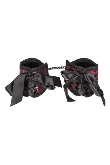 Scandal Corset Cuffs: Red & Black Brocade Restraints for Sensual Bondage Play