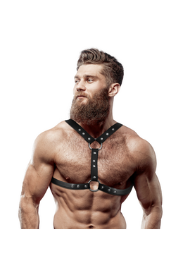 FETISH SUBMISSIVE ATTITUDINE - IMBRACATURA PER IL PETTO IN ECOPELLE CON DOPPIO SUPPORTO E BORCHIE PER UOMO