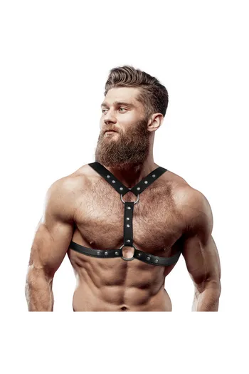 FETISH SUBMISSIVE ATTITUDINE - IMBRACATURA PER IL PETTO IN ECOPELLE CON DOPPIO SUPPORTO E BORCHIE PER UOMO