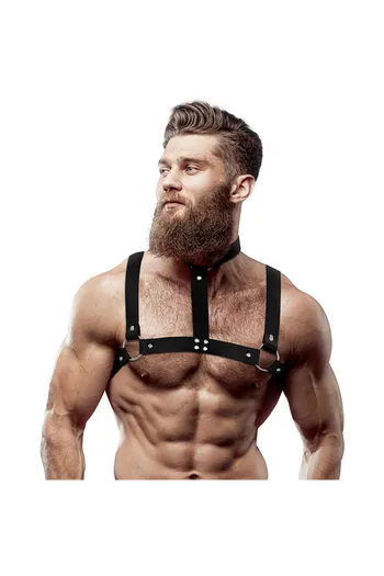 FETISH SUBMISSIVE ATTITUDINE - IMBRACATURA REGOLABILE IN ECOPELLE CON COLLANA PER UOMO