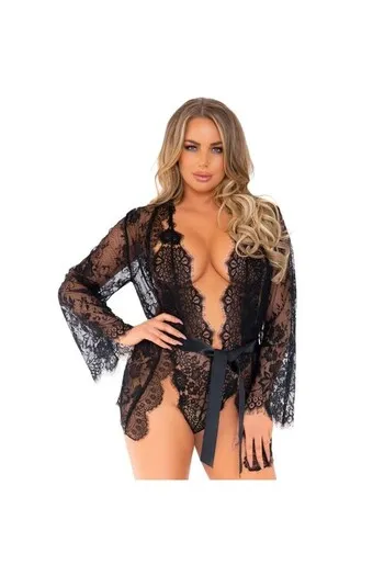 Leg Avenue 3-Piece Lingerie Set: Floral Lace Teddy, Robe & Belt