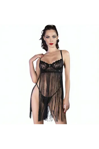 Babydoll Nero con Cordoni e Reggiseno con Ferretto