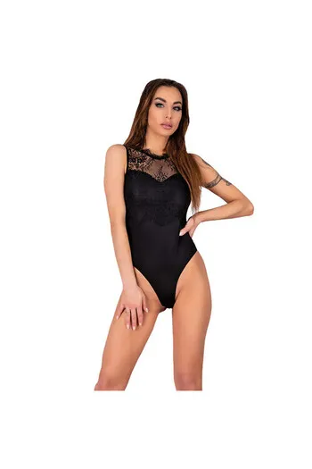 Body nero con encage sensuale e materiale satinato