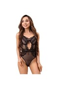 Black lace bodysuit with sensual details and sheer accents