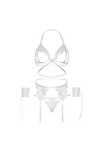 LEG AVENUE - SET QUATTRO PEZZI REGGISENO, G-STRING, REGGISTREE E POLSINI TAGLIA UNICA - BIANCO