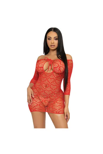 Seamless Heart Mesh Mini Dress with Off-Shoulder & Keyhole Cutout | Leg Avenue