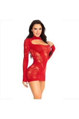 LEG AVENUE - MINI ABITO CON PIZZO MANICA LUNGA ROSSO
