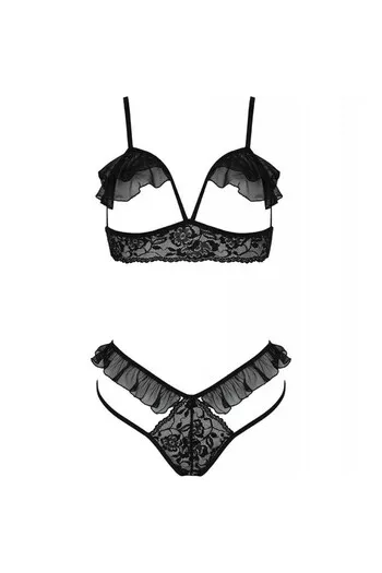 Passion Erotic Lingerie Set: Open-Cup Bra and Thong in Black Lace