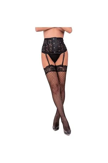 Black grid stockings with elegant floral lace