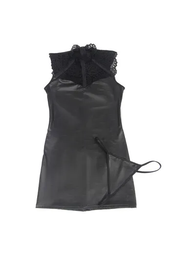 Black Lace and Leather Lingerie Dress - Sensual Elegance