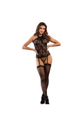 SUBBLIME - 952099 BODYSTOCKING A RETE CON LINEE A GILET E DETTAGLI FLOREALI NERO TAGLIA UNICA