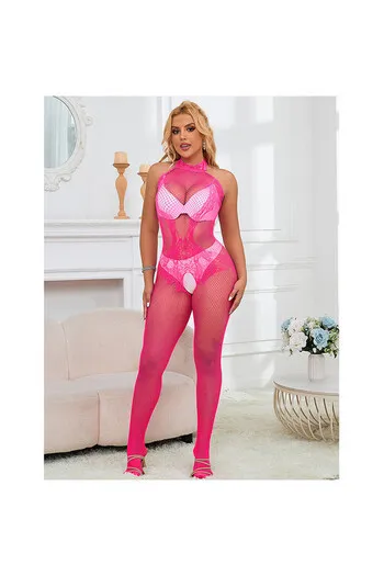 SUBBLIME - 952389 BODYSTOCKING A RETE E PIZZO SENZA CAVALLO CON COLLO ALTO ROSA TAGLIA UNICA