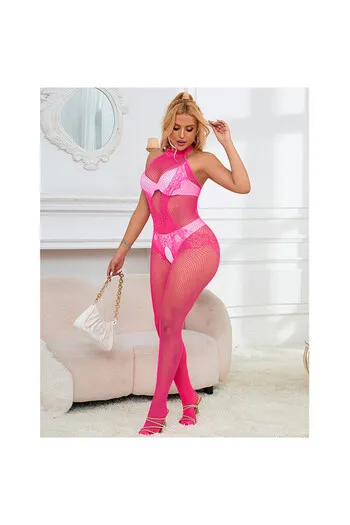 SUBBLIME - 952389 BODYSTOCKING A RETE E PIZZO SENZA CAVALLO CON COLLO ALTO ROSA TAGLIA UNICA