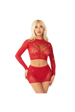 Red Mesh Top and Skirt Set with Crystals - Leg Avenue | Bold and Chic Look