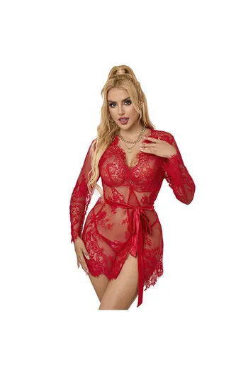 SUBBLIME - 953782 CAMICIA DA NOTTE IN PIZZO + PERIZOMA ROSSO L/XL