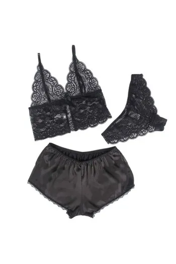 SUBBLIME - 953911 CAMICIA DA NOTTE IN SETA E PIZZO + SLIP NERO S/M