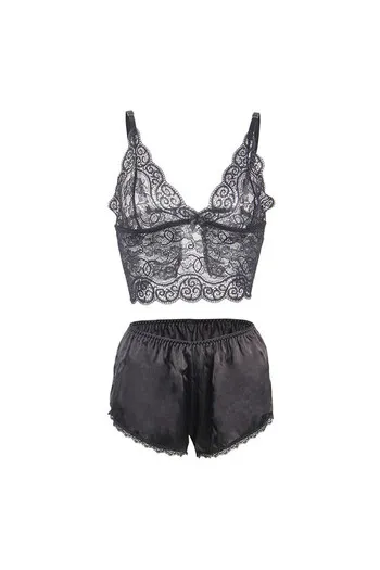 SUBBLIME - 953911 CAMICIA DA NOTTE IN SETA E PIZZO + SLIP NERO S/M