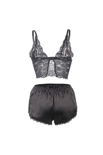 SUBBLIME - 953928 CAMICIA DA NOTTE IN SETA E PIZZO + SLIP NERO L/XL