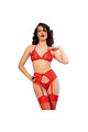 Set lingerie rosso in pizzo con reggicalze e tanga