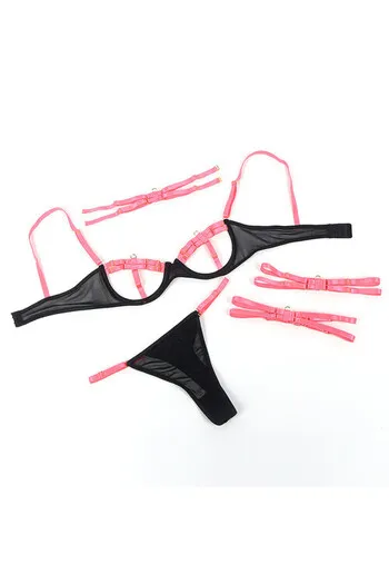 SUBBLIME - 955298 COMPLETO REGGISENO CON COLLANA E DETTAGLI GAMBA ROSA FLUO S/M