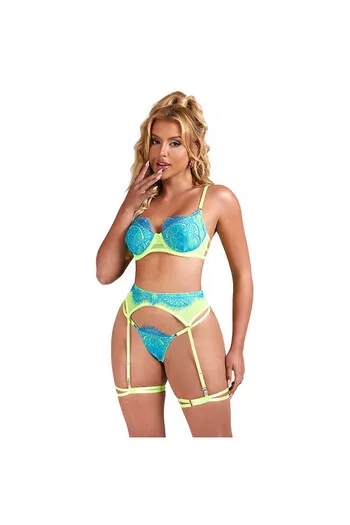 SUBBLIME - 955311 COMPLETO REGGISENO CON PIZZO E LINEE GIARRETRICI VERDE E BLU S/M