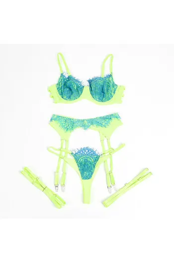 SUBBLIME - 955311 COMPLETO REGGISENO CON PIZZO E LINEE GIARRETRICI VERDE E BLU S/M