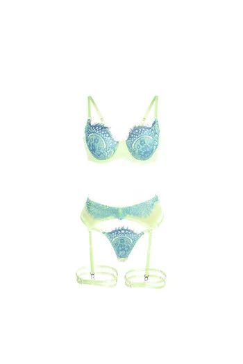 SUBBLIME - 955311 COMPLETO REGGISENO CON PIZZO E LINEE GIARRETRICI VERDE E BLU S/M