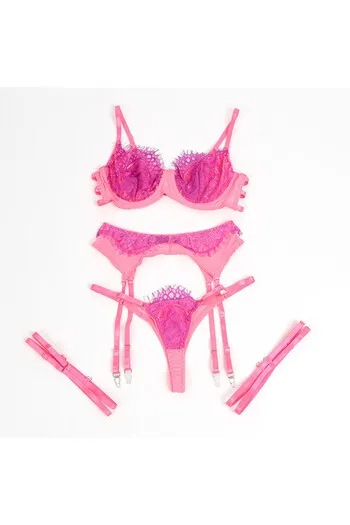 SUBBLIME - 955366 COMPLETO REGGISENO CON PIZZO E LINEE DI GIARRETTIERA ROSA E VIOLA L/XL