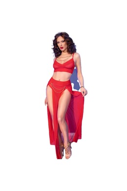 Sensual Red Tulle Set with Top and Skirt