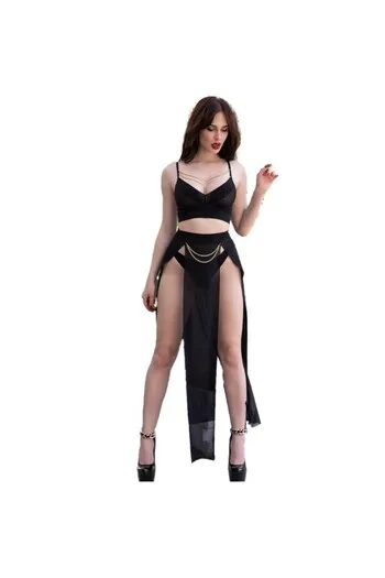 3-Piece Set with Top, Skirt and Thong Gold Chains