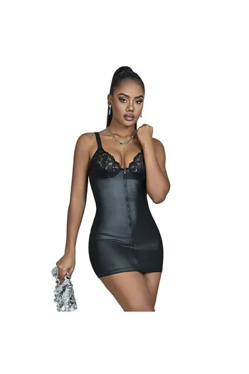 Black PU Leather Lace Zipper Sexy Lingerie