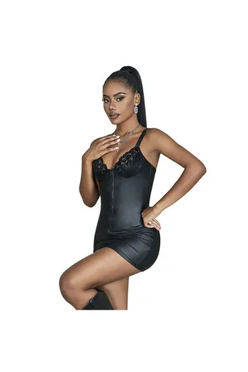 Black PU Leather Lace Zipper Sexy Lingerie