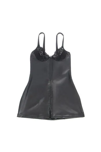 Lingerie sexy in pelle PU nera con zip e pizzo