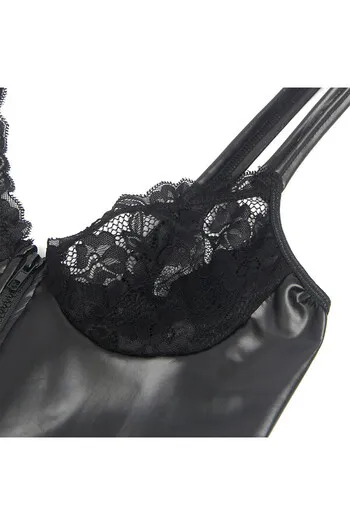 Lingerie sexy in pelle PU nera con zip e pizzo