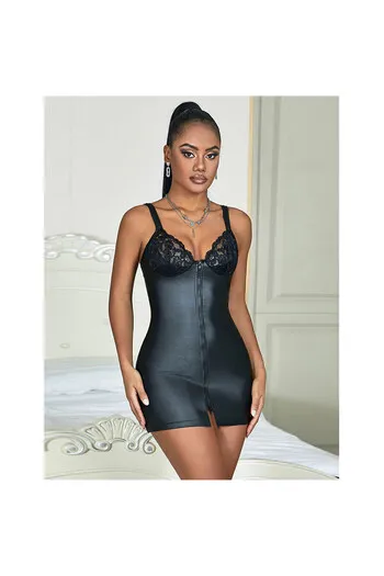 Lingerie sexy in pelle PU nera con zip e pizzo