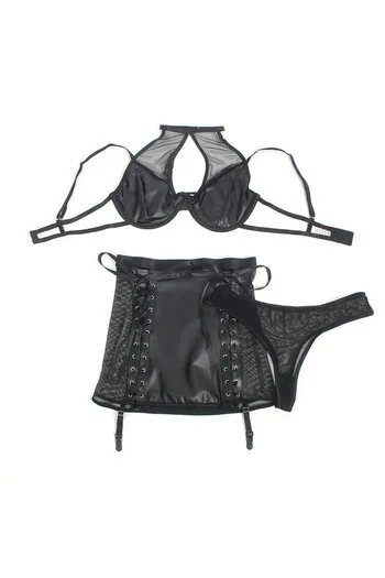 Set Lingerie Nero in Pelle PU e Pizzo con Liguero