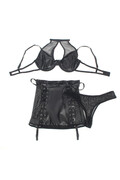 Set Lingerie Nero in Pelle PU e Pizzo con Liguero