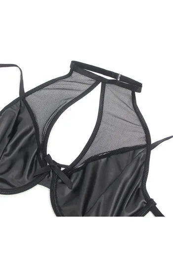 Black PU Leather Mesh Garter Belt Lingerie Set