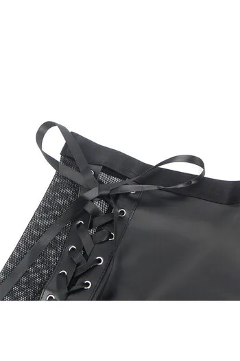 Black PU Leather Mesh Garter Belt Lingerie Set