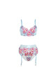 Blue Floral Mesh Bra and Garter Belt Set