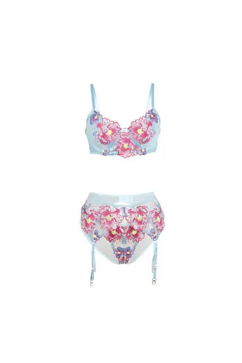 Blue Floral Mesh Bra and Garter Belt Set